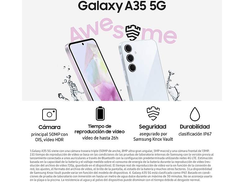Mobile - Samsung Galaxy A35 5G, 128GB, 6GB RAM, 6.6 FHD+, Exynos 1380, 5000 mAh, Android 14, Light Violet